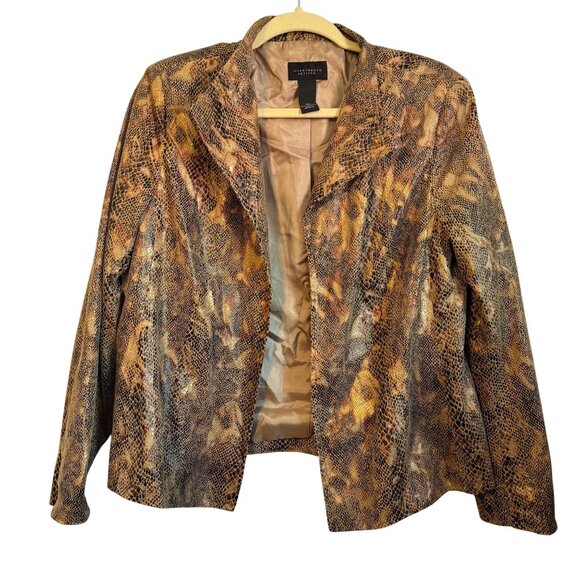 Snake Print Blazer By Investments Petites 14P  Open Front Lightweight Brown & Go - Picture 1 of 12